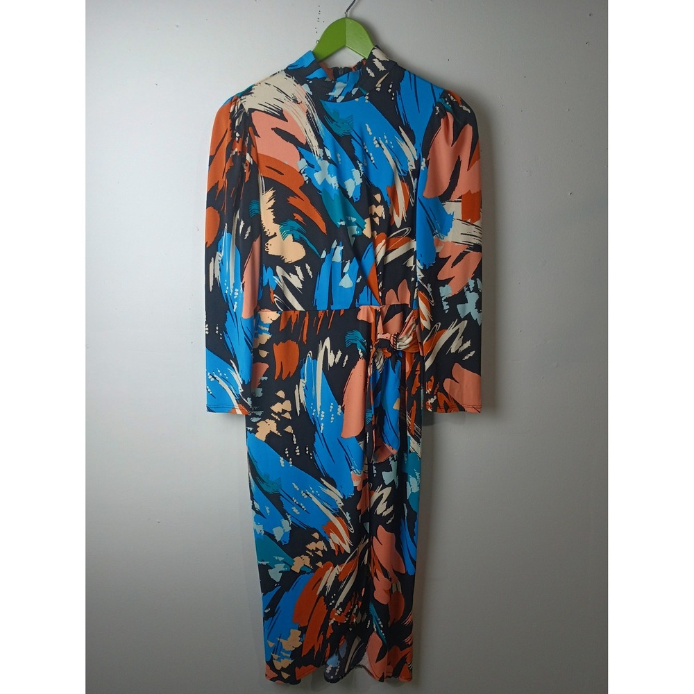 Clover and Sloane Abstract Brushstroke Print Mock Neck Midi Dress Blue Orange 2